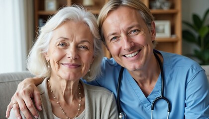 Smiling doctor and elderly woman sharing a joyful moment indoors, elderly woman with caregiver