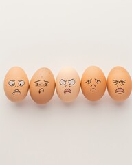 Five brown eggs with expressive drawn faces depict a range of emotions that resonate with the human experience, making a whimsical yet profound statement about feelings and connections.