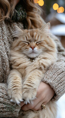 A cozy fluffy cat with closed eyes rests peacefully in warm knitted arms outside during winter festivities.