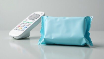 Remote control next to blue snack package, antiseptic wipes beside remote