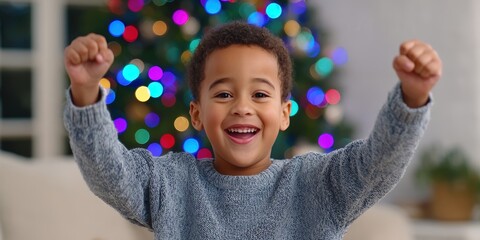 African American boy celebrating joyfully with raised arms, wearing a cozy sweater, in a festive living room decorated with colorful holiday lights and a Christmas tree