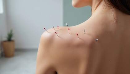 Woman receiving acupuncture treatment with needles in a serene space