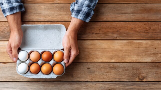 Hands holding an open carton of eggs, showcasing a variety of brown and white eggs on a rustic wooden table, emphasizing freshness and natural food choices