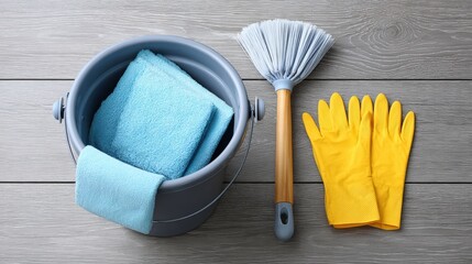 Cleaning supplies arranged on a wooden surface, featuring a gray bucket, blue towels, yellow gloves, and a broom, showcasing essential tools for household cleaning tasks