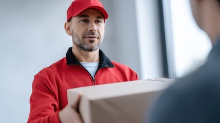 Delivery man in red cap and jacket is handing over a cardboard package to a customer indoors, showcasing the friendly service and convenience of modern shipping solutions