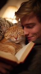A young adult gently embraces his sleeping ginger cat, enjoying a peaceful moment while holding an open book at home.