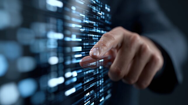 Close-up of a hand reaching out to touch a digital interface with glowing data streams, illustrating technology interaction and innovation in a modern environment
