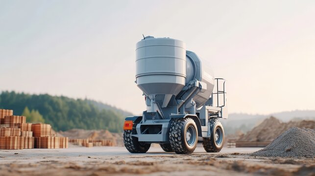 Concrete mixer truck parked on construction site, surrounded by stacks of bricks and gravel, showcasing industrial machinery in action with natural landscape backdrop