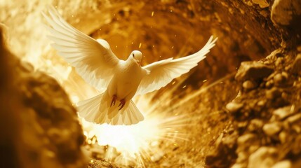 A breathtaking moment captures a white dove soaring upward from a golden tunnel, symbolizing freedom, renewal, and the pursuit of peace amidst a dramatic setting of light and shadow.