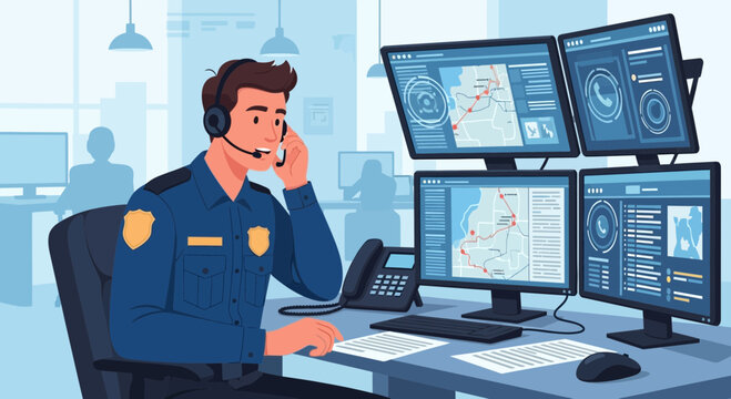 Police dispatcher handling emergency calls with advanced tracking software at dispatch center