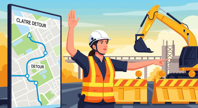 Road construction flagger directs traffic around detour with excavator nearby