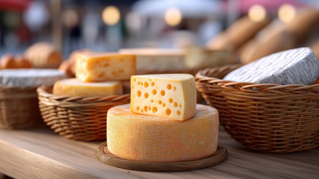 Assorted cheeses displayed on wooden table, featuring various textures and colors, with woven baskets in the background, showcasing a vibrant food market atmosphere