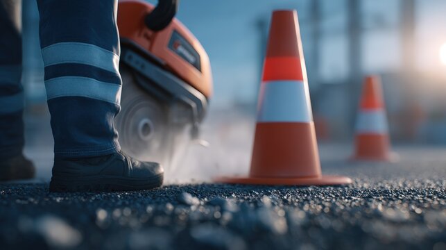 Construction worker using a concrete saw on a gravel surface, surrounded by safety cones, demonstrating precision and focus in a construction environment with dust and machinery