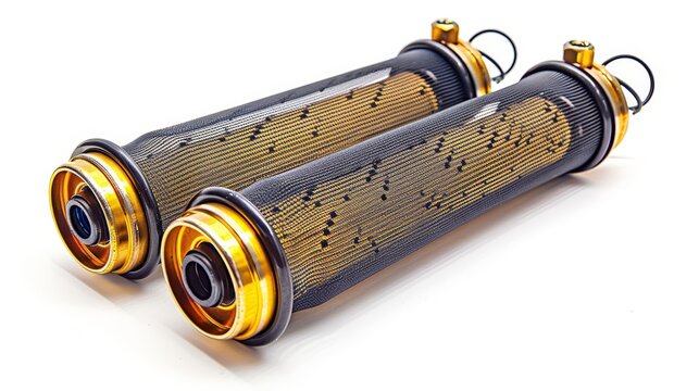 Isolated car oil filters on white background   essential automobile spare parts for maintenance - Powered by Adobe