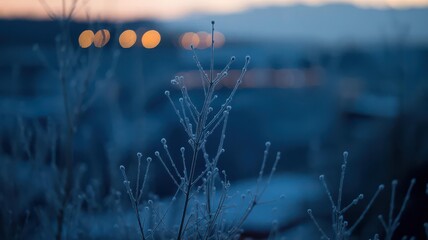 Cinematic Moody Blue Twilight Close-Up of Frosted Seedheads with Ice Crystals & Golden Bokeh City Lights — Winter Hero Background