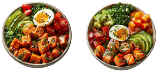 Two vibrant and healthy salmon poke bowls with avocado, cherry tomatoes, boiled egg, and greens, isolated on transparent background