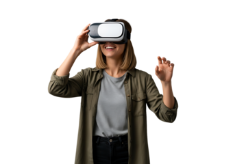 A young woman with blonde hair smiles joyfully while immersed in a VR experience, wearing a white and black headset. Casually dressed in green and grey, she actively gestures, reaching into the virtua