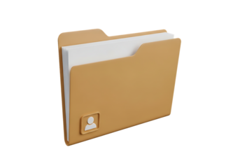 A 3D-rendered light brown manila folder against black, slightly open with white papers inside. Features a user profile icon, symbolizing personnel files, HR records, or personal data management in a c
