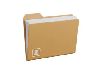 A 3D-rendered light brown manila folder against black, slightly open with white papers inside. Features a user profile icon, symbolizing personnel files, HR records, or personal data management in a c
