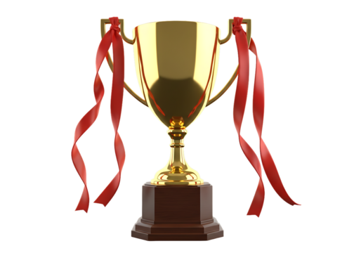 A gleaming golden trophy with ornate handles and a tiered pedestal, adorned with a flowing red ribbon, symbolizes victory and celebration against a stark black background, its polished surface catchin