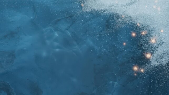 Panoramic macro deep-blue textured ice with snow crystals & warm golden bokeh — minimalist winter holiday background with copy space for Christmas/New Year banners & greeting cards