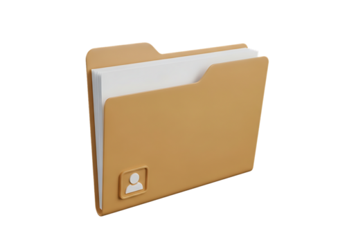 A 3D-rendered light brown manila folder against black, slightly open with white papers inside. Features a user profile icon, symbolizing personnel files, HR records, or personal data management in a c