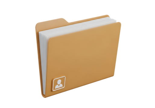 A 3D-rendered light brown manila folder against black, slightly open with white papers inside. Features a user profile icon, symbolizing personnel files, HR records, or personal data management in a c