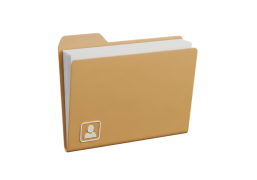 A 3D-rendered light brown manila folder against black, slightly open with white papers inside. Features a user profile icon, symbolizing personnel files, HR records, or personal data management in a c