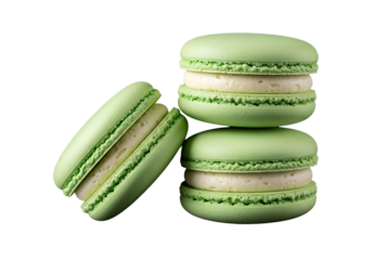 Elegant Light Green Macarons: Three Delicate French Pastries with Creamy White Filling, Showcasing Perfect Shells and Ruffled Feet Against a Dramatic Black Background, Capturing the Artistry of Confec