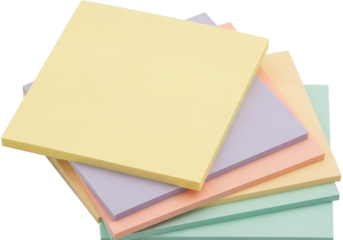 A serene stack of pastel sticky notes—pale yellow, lavender, peach, mint—fanned diagonally, showcasing soft matte textures under even light, evoking calm creativity and gentle organization against a c