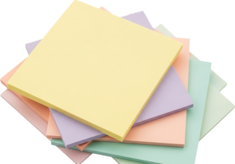 A serene stack of pastel sticky notes—pale yellow, lavender, peach, mint—fanned diagonally, showcasing soft matte textures under even light, evoking calm creativity and gentle organization against a c
