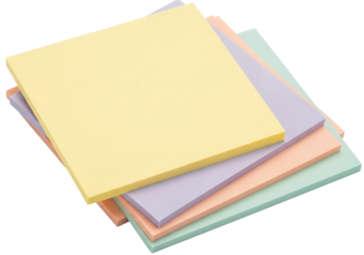 A serene stack of pastel sticky notes—pale yellow, lavender, peach, mint—fanned diagonally, showcasing soft matte textures under even light, evoking calm creativity and gentle organization against a c