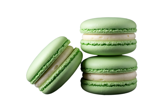 Elegant Light Green Macarons: Three Delicate French Pastries with Creamy White Filling, Showcasing Perfect Shells and Ruffled Feet Against a Dramatic Black Background, Capturing the Artistry of Confec