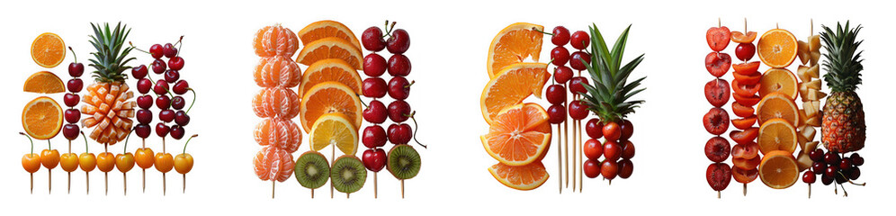 Obraz premium Colorful assortment of fresh fruit skewers with pineapple, oranges, cherries, grapes, and kiwi, isolated on transparent background