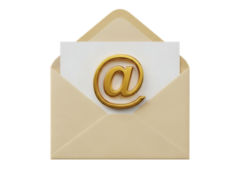 A sleek 3D-rendered beige envelope opens to reveal a white card featuring a gleaming golden "@" symbol, set against stark black for high contrast. Realistic lighting highlights the metallic sheen and 