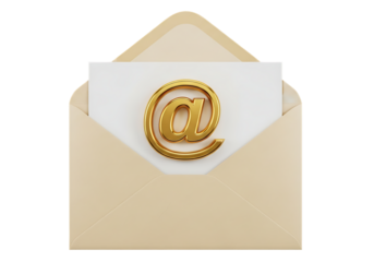 A sleek 3D-rendered beige envelope opens to reveal a white card featuring a gleaming golden "@" symbol, set against stark black for high contrast. Realistic lighting highlights the metallic sheen and 
