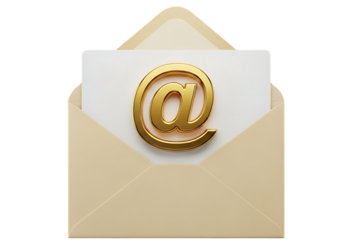 A sleek 3D-rendered beige envelope opens to reveal a white card featuring a gleaming golden "@" symbol, set against stark black for high contrast. Realistic lighting highlights the metallic sheen and 