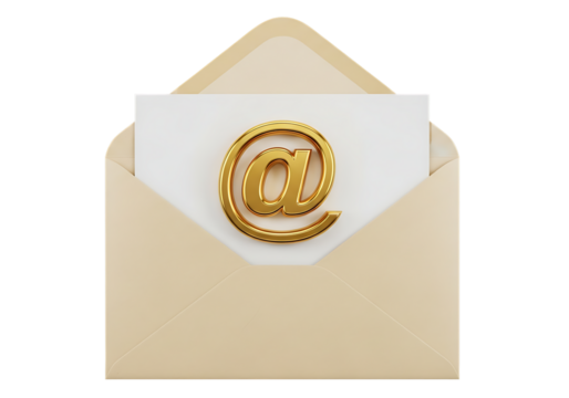 A sleek 3D-rendered beige envelope opens to reveal a white card featuring a gleaming golden "@" symbol, set against stark black for high contrast. Realistic lighting highlights the metallic sheen and 