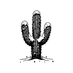 A hand-drawn saguaro cactus with three arms covered in a layer of winter snow, a monochrome graphic illustration with a bold, high-contrast linocut aesthetic
