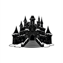 Obraz premium A black and white fairytale winter castle illustration with snow-covered towers, turrets, and a grand staircase, rendered in a magical, gothic woodcut style with intricate details
