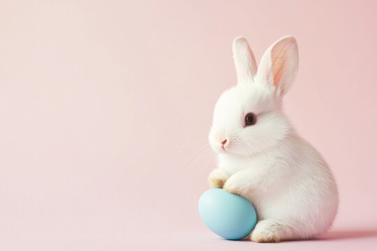A charming white bunny poses adorably next to a pastel blue egg, set against a soft pink background, evoking a sense of playfulness and innocence typically associated with springtime.