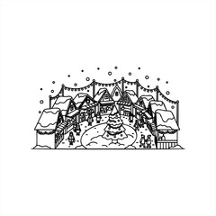 Fototapeta premium A Christmas market line art illustration showing a festive winter village with snow-covered wooden stalls, a central decorated tree, and people enjoying the holiday season