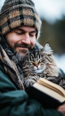A contented man in warm winter attire gently cuddles his fluffy tabby cat while peacefully reading a book outside.