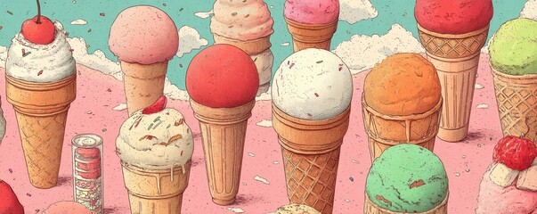 Various colorful ice cream cones in a whimsical pastel illustration
