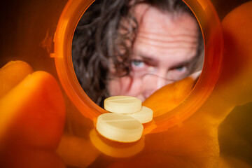 A powerful macro shot looking up from the inside of an empty, bright orange prescription pill...