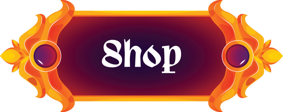 Shop medieval game button, vector cartoon gold decorated frame with gems, UI UX border for fantasy RPG gaming interface