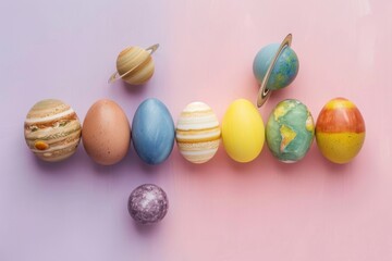 Fototapeta premium A series of beautifully painted eggs designed to resemble planets, blending festive charm with the grandeur of the solar system, evoking creativity and celebration.