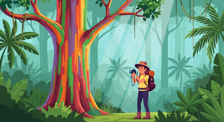Adventurer Capturing a Rainbow Eucalyptus Tree in a Lush Tropical Forest