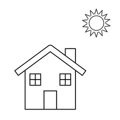 Outline Drawing of House with Chimney Windows Door and Sun Minimalist Simple Design Home Building Exterior Residential Architecture Graphic Illustration Sunny Day Scene