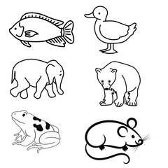 Collection of Simple Black and White Outlined Animal Icons Including Fish Duck Elephant Bear Frog and Mouse on Clean Isolated Background Design Featuring Wildlife